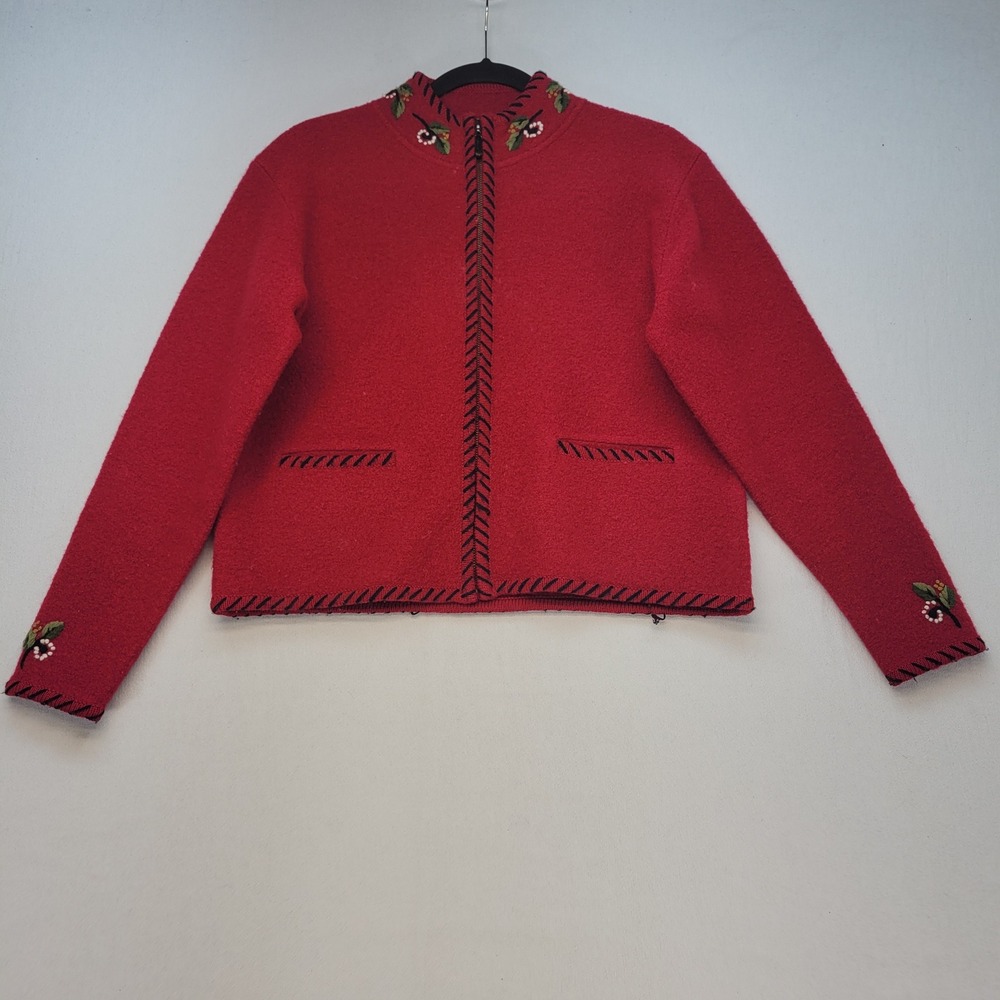 ALPS Full Zip Cardigan Jacket Womens Medium Red Wool Tyrolean Floral Embroidered